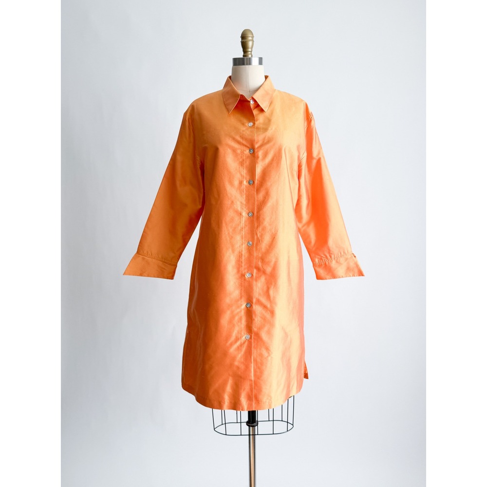 Annie Alexander Silk Shirt Dress Orange Button Front Long Sleeve Large L Knee